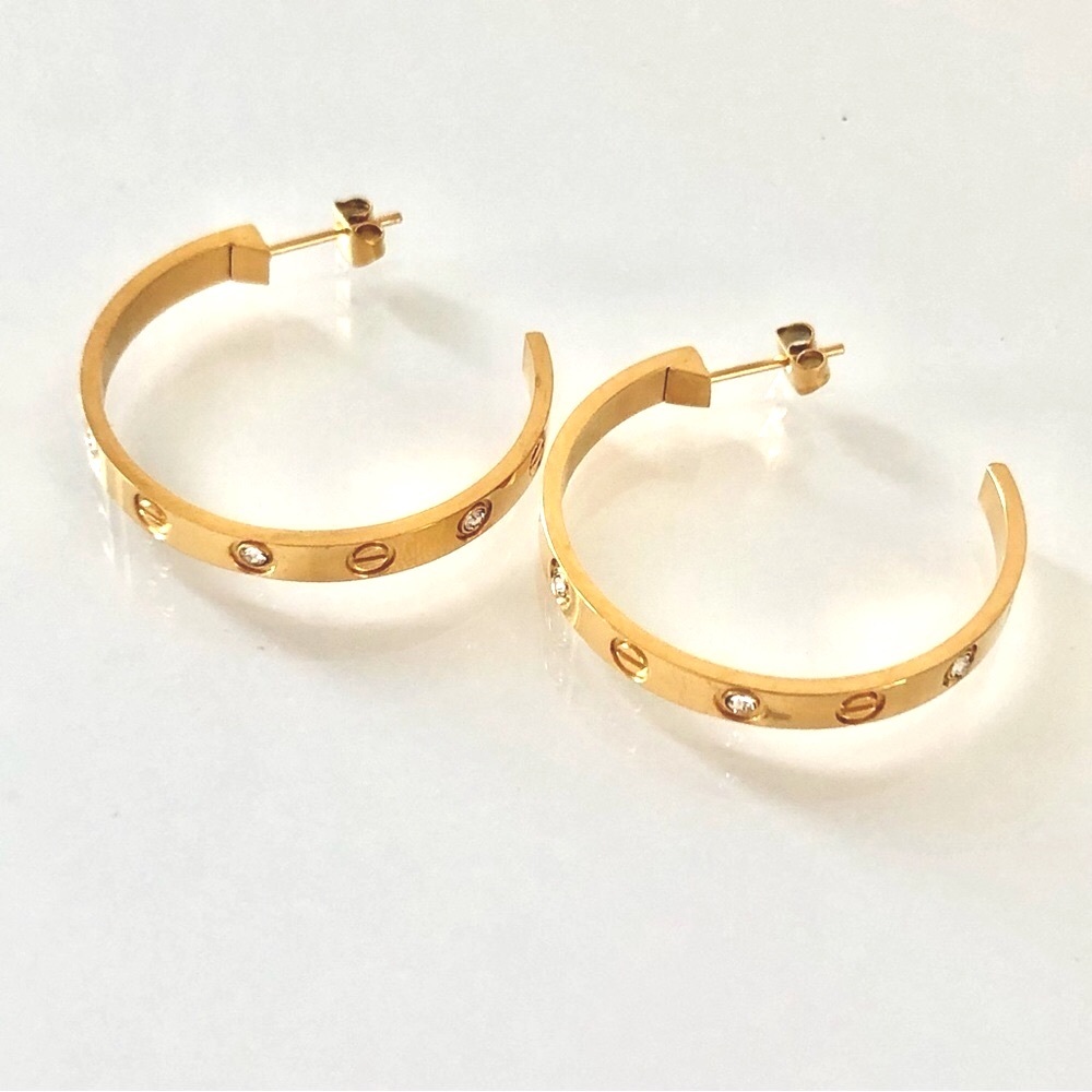 Gold Screw Earrings Zirconia Hoops - Picture 13 of 17